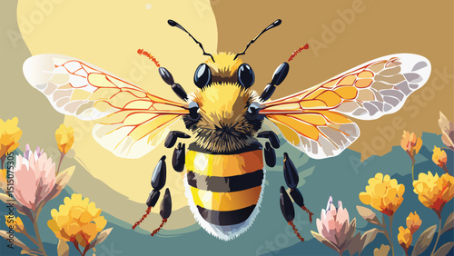 Vector of a Brightly Colored Bee with Detailed Textures and Blurred Floral Background – Nature Documentary Style