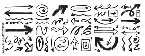 hand drawn arrows set grunge rough, brush stroke curly arrow collection