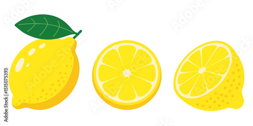 A Colorful Illustration Featuring Three Lemons Whole, Halved, and Sliced