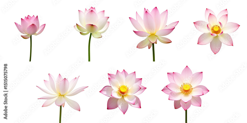 Obraz premium Variety of Lotus Flowers in Different Stages of Bloom Against a transparent Background Featuring Soft Pink and White Petals with Yellow Centers Showcasing Their Unique Shapes and Textures
