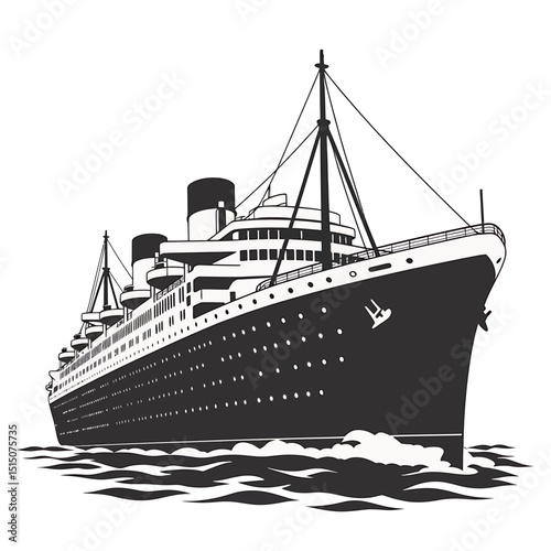 A-Stylized Black and White Silhouette of a Majestic Ocean Liner Vintage Ship Illustration
