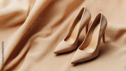 Pair of stylish beige stiletto heels displayed on smooth matching fabric.