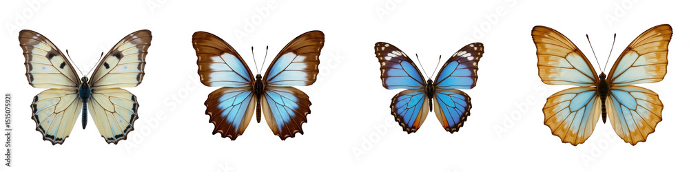 Obraz premium Four Colorful Butterfly Specimens Displayed on transparent Background Showcasing Unique Wing Patterns and Shades of Blue, Yellow, and Brown, Perfect for Artistic or Educational Use