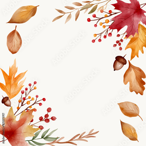 Golden fall watercolor frame. Hand painted autumn leaves border with blank area for text, quote or message
