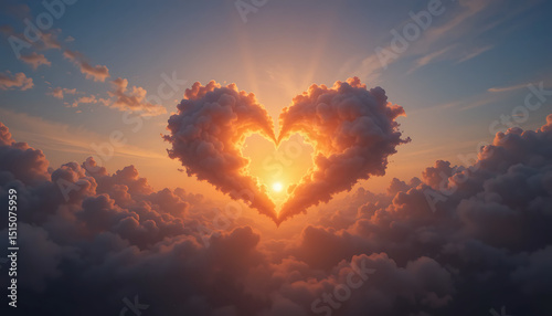Heart-shaped clouds form around a vibrant sunset in a tranquil sky filled with colorful hues during twilight