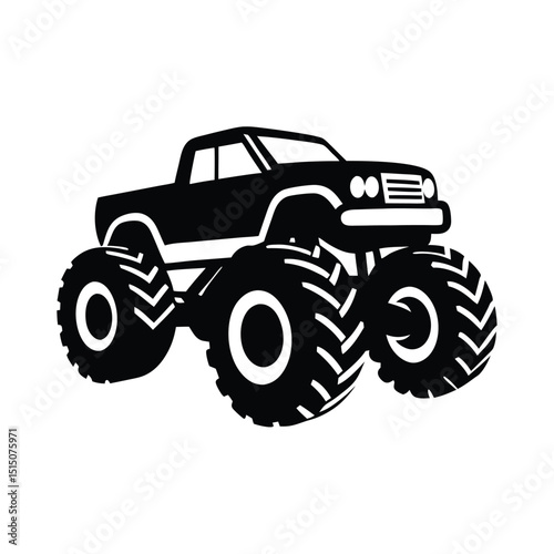 Monster Truck Vector Silhouette – Black Silhouette of a 4x4 Off-Road Vehicle for Motorsport Events, Car Show Promotions, and Adventure Branding
