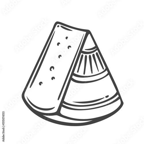 Gruyere cheese wedge with textured slice in engraved doodle style. Hand drawn hard aged dairy product. Vector illustration for label, menu, or food design