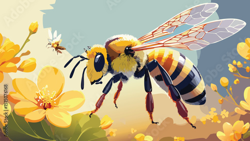 Vector of a Brightly Colored Bee with Detailed Textures and Blurred Floral Background – Nature Documentary Style