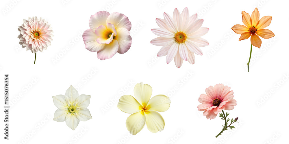 Fototapeta premium Collection of Colorful Transparent Flowers Featuring Various Blooms on a transparent Background Showcasing Unique Petals in Soft Pink, Yellow, White, and Orange Hues