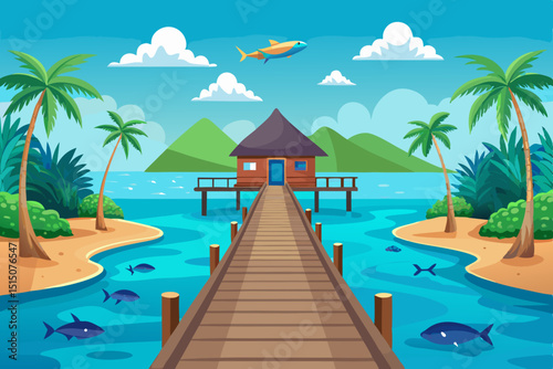 Tropical Pier Calm Lagoon Travel Relaxation Vector Illustration