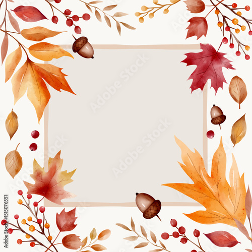 Hand painted square fall frame. Watercolor border with autumn leaves and space for quote, text or invitation