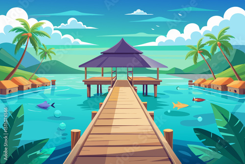 Tropical Pier Calm Lagoon Travel Relaxation Vector Illustration