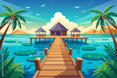 Tropical Pier Calm Lagoon Travel Relaxation Vector Illustration