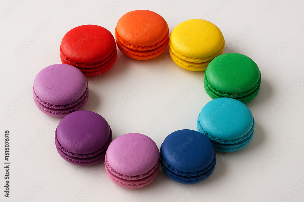 Fototapeta premium Colorful Rainbow Macarons Arranged in a Circle