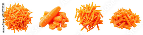 Collection of Freshly Grated Carrots Displayed on a transparent Background Showcasing Different Shapes and Sizes Including Sticks, Rounds, and Mounds of Shredded Carrots