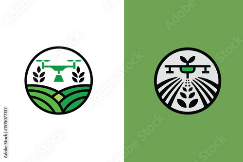 Smart Farming Logo Icons – Agriculture Drone with Field and Plant Line Art Emblem