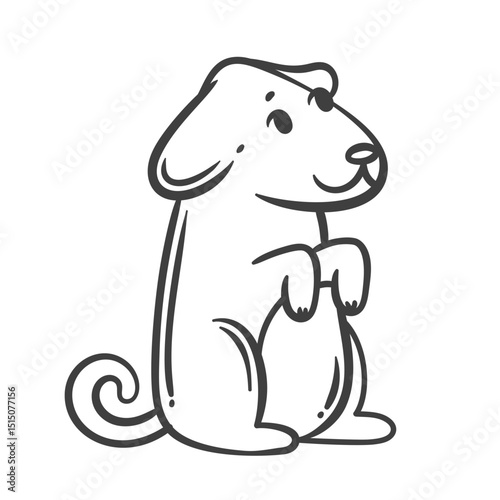 Cute dog sitting upright with curled tail and paws raised as if begging, drawn in cartoon doodle style. Adorable pet illustration for children designs, cards, or stickers. Vector illustration.