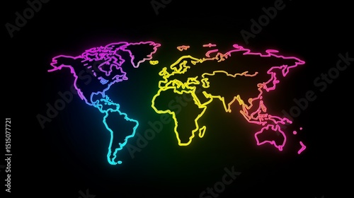 Vibrantly illuminated world map rendered in neon outlines against a stark black background