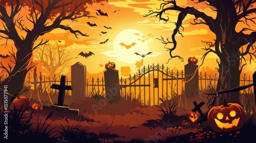 A halloween spooky background, graveyard fence silhouette with scary trees, cemeteries, bats. 