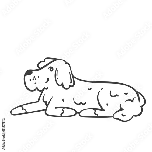 Lying fluffy dog with curly fur, smiling and looking forward. Cute cartoon doodle style dog for kids design, cards, or stickers. Vector illustration.