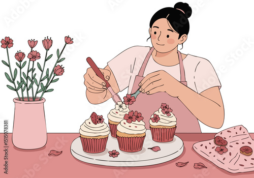 Asian woman meticulously decorates cupcakes with delicate flower accents Soft pink and white tones create a charming artisanal dessert scene Perfect for food lifestyle or baking themes