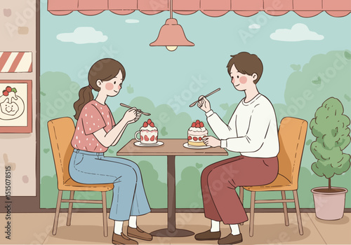 A charming cafe scene depicts a young couple enjoying a dessert together. Soft colors, a cute logo, and a warm atmosphere create a delightful and commercially viable illustration.