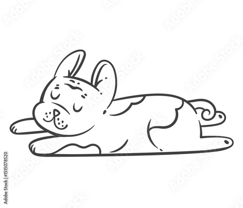 French bulldog lying down and sleeping with closed eyes, outlined in a cute cartoon doodle style. Playful and relaxed look for pet stickers, cards, or children designs. Vector illustration.