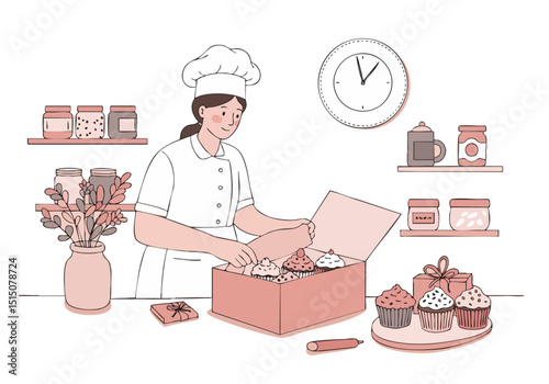 A cheerful baker wraps cupcakes in a gift box, showcasing a sweet treat and a professional setting. Clean lines and pastel colors create a visually appealing and inviting image.