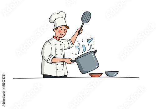 A cheerful chef demonstrates a pot drop splash, showcasing a modern kitchen scene. Bold colors and clean lines create a visually appealing commercial image.