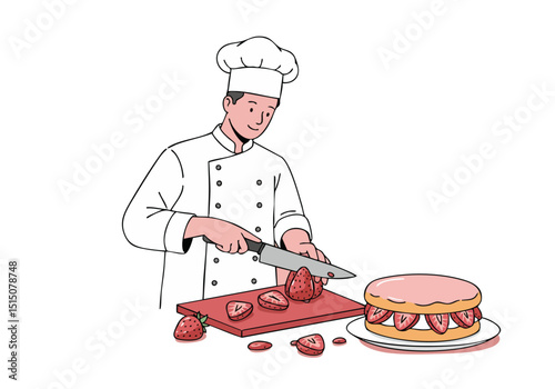 cheerful chef expertly slices a strawberry cake showcasing a vibrant dessert and professional kitchen setting Clean lines and a bright color palette create a visually appealing commercial image