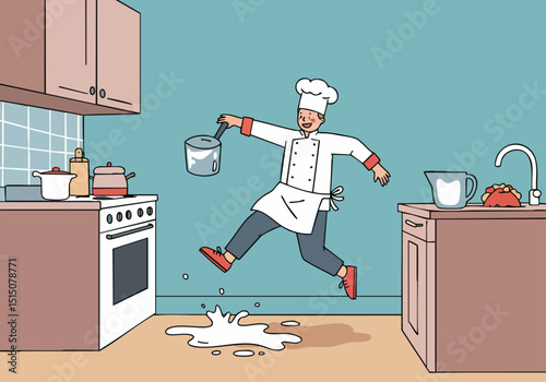 A cheerful chef playfully slips in a milk spill while cooking in a bright kitchen. Dynamic action shot with a humorous twist. Perfect for food, lifestyle, or funny concepts.