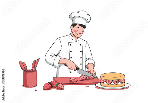 chef prepares a strawberry shortcake slice Bright cheerful illustration with a focus on delicious dessert and professional presentation Ideal for food lifestyle and marketing visuals