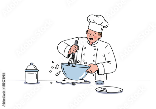 A male chef spills ingredients while mixing in a kitchen.  A playful illustration with a 'bowl spill' graphic.  Bright, clean style.