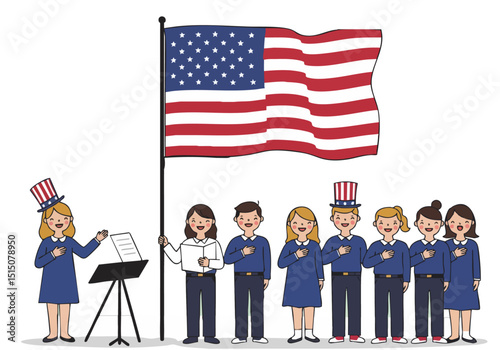 A choir performs with patriotic fervor, showcasing American pride. A diverse group sings with joy, set against a serene backdrop. Ideal for celebrations and heritage themes.