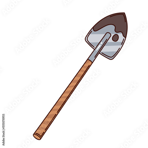 Metal shovel with wooden handle and muddy blade, leaning diagonally. Groovy cartoon doodle style. Vector illustration for farming, gardening tools, or kids design.