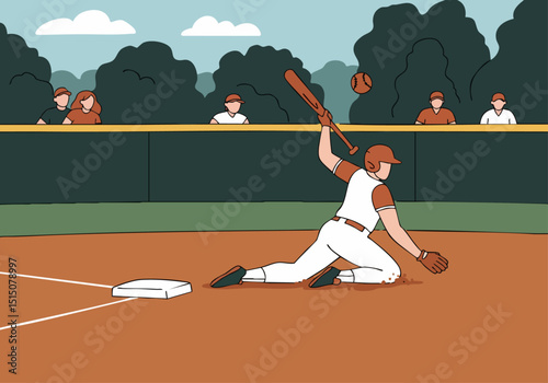 A dynamic baseball scene captures a runner sliding into base.  Action-packed illustration with a focused composition and vibrant colors. Perfect for sports and activity themes.