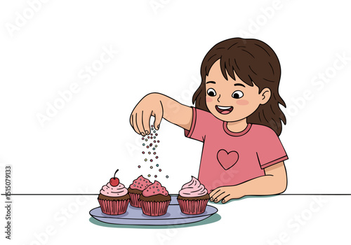 happy  girl sprinkles colorful sprinkles onto cupcakes creating a sweet treat Bright cheerful scene with a focus on fun and delicious desserts Perfect for food children and celebration themes