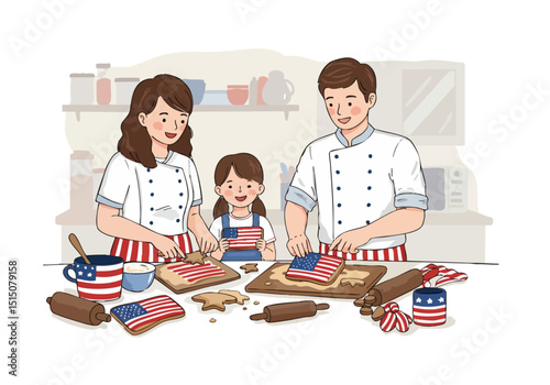 A happy family bakes American flag cookies together in a bright kitchen. They?re smiling and engaged in a fun, festive activity. Warm, inviting scene.