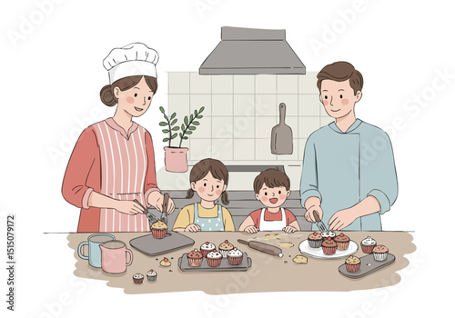 A happy family bakes cupcakes together in a cozy kitchen. They?re smiling and engaged in a fun activity, fostering a heartwarming home bake bond. Bright, cheerful, and inviting.