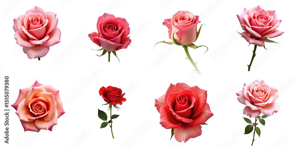 Fototapeta premium Collection of Eight Beautiful Roses on a transparent Background Featuring Various Shades of Pink and Red with Green Leaves and Detailed Petals for Floral Designs or Decorations