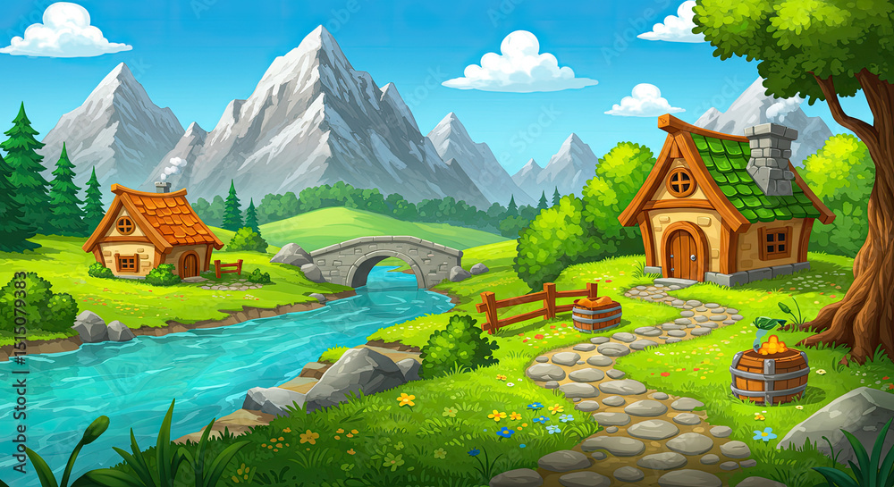 Naklejka premium Sunny village scene with cute fantasy dwarf house cartoon illustration. Mountain ridge view in leprechaun village near river shore. Paved path to elves cottage with chimney summer game background.