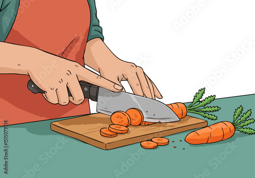 A person chops carrots with a knife on a cutting board.  Illustrative style, vibrant colors, and a playful 'Chop Cut Ouch' graphic. Great for food, cooking, or humorous concepts.