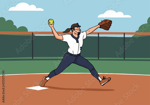 Female softball pitcher in action, throwing a ball with focused intensity. Dynamic pose, outdoor setting, clear composition. Ideal for sports, fitness, and active lifestyle visuals.