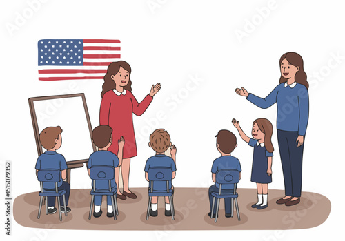 A teacher instructs students with American flags in the background. A bright classroom setting showcases education and patriotism. Clear composition, engaging scene.