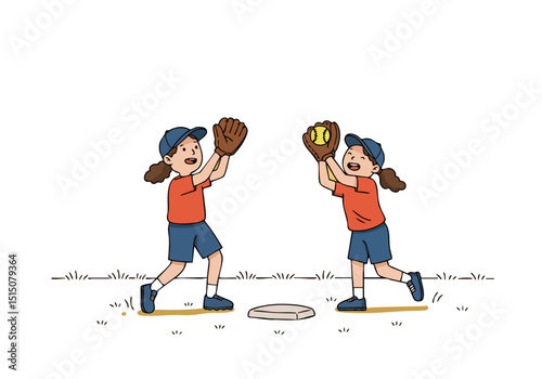 Two young girls play baseball, one catching a ball with gloves, the other running to first base. A sunny outdoor scene with a simple, clean style.