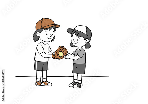 Two young girls exchange a baseball glove, smiling and engaged. A clear, friendly scene with a focus on youth and sports. Suitable for lifestyle and activity themes.