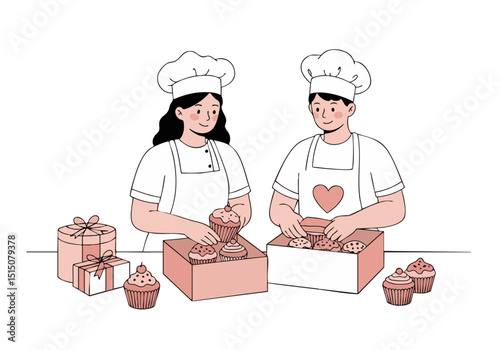 Two bakers in chef hats wrap cupcakes in gift boxes. A sweet, inviting scene perfect for food, bakery, or gift wrap themes. Bright, cheerful illustration.