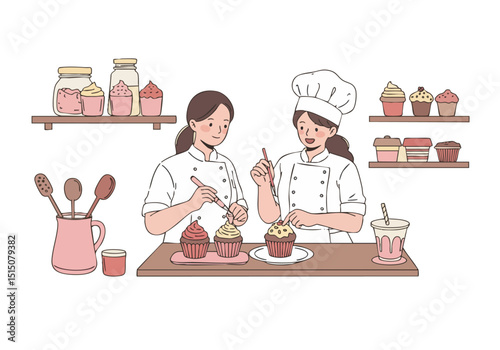 Two bakers decorate cupcakes in a bright, inviting bakery. They smile and work collaboratively, showcasing delicious treats on shelves. A sweet and professional scene.
