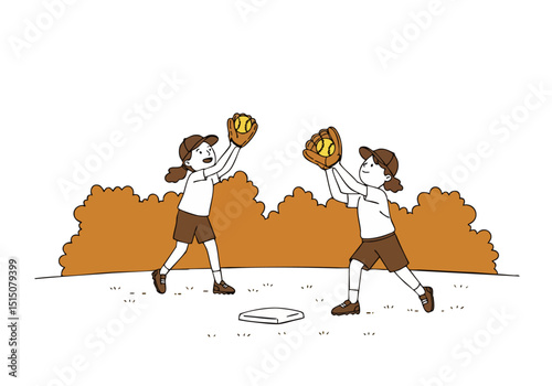 Two children practice catching with gloves outdoors. A baseball and glove are prominently featured against a blurred green backdrop.  Illustrative style, vibrant colors.