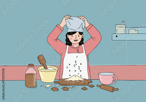 woman playfully spills flour while baking cookies showcasing a charming kitchen scene Bright colors and a cute illustration style make this image ideal for food lifestyle and humorous content